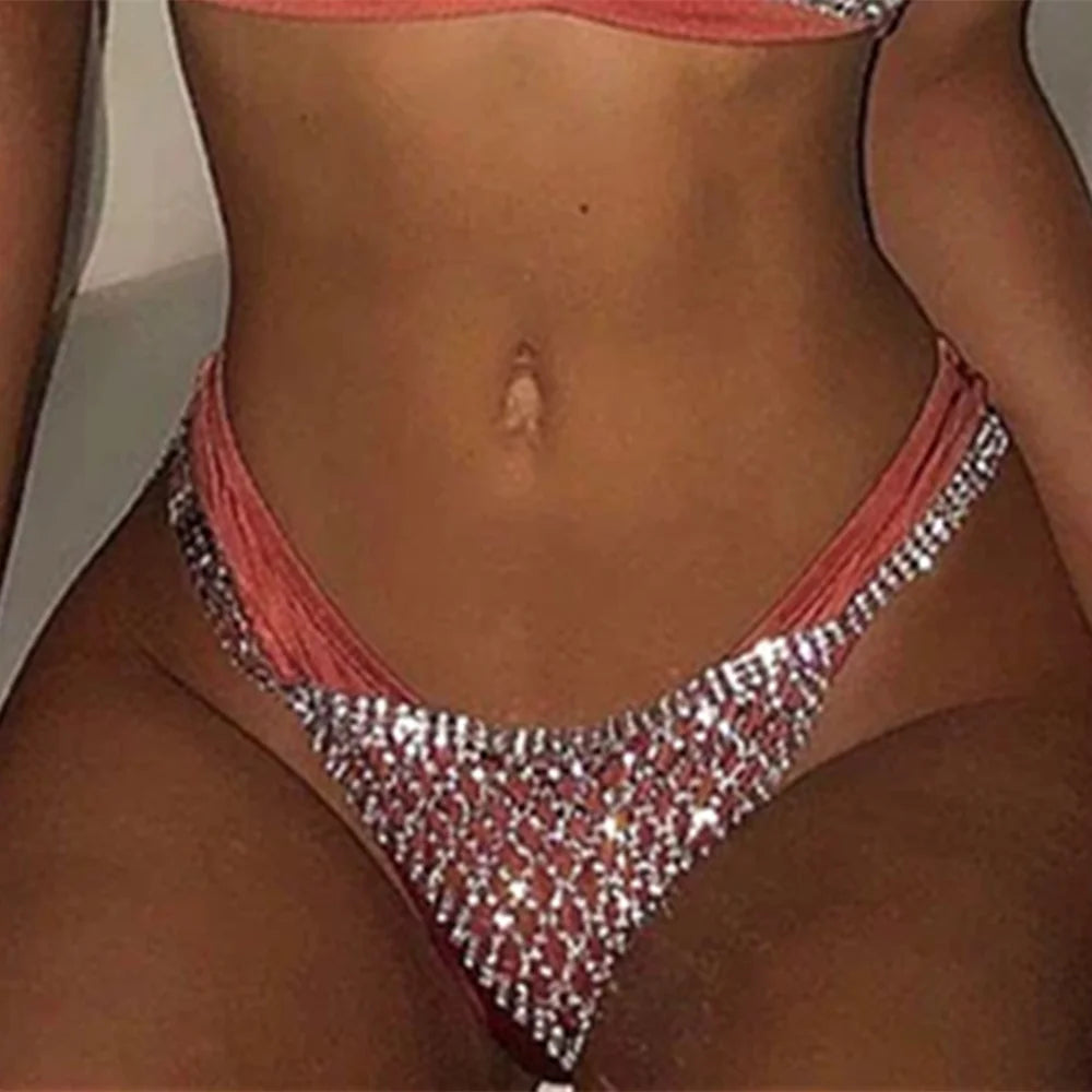Stonefans Mesh Rhinestone Body Chain Jewelry Simple Waist round Thong for Women Sexy Bikini Crystal Underwear Panties Christmas